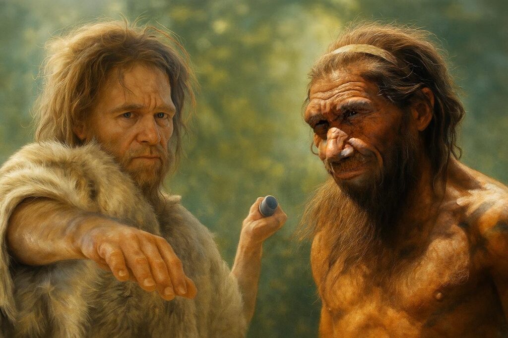 Uma reconstrução de um Homo sapiens (à esquerda) e um Neandertal (à direita). Crédito: Paul Hudson, Flickr / Wolfgang Sauber, CC BY-SA 4.0. Edição e composição por Archaeology News Online Magazine.