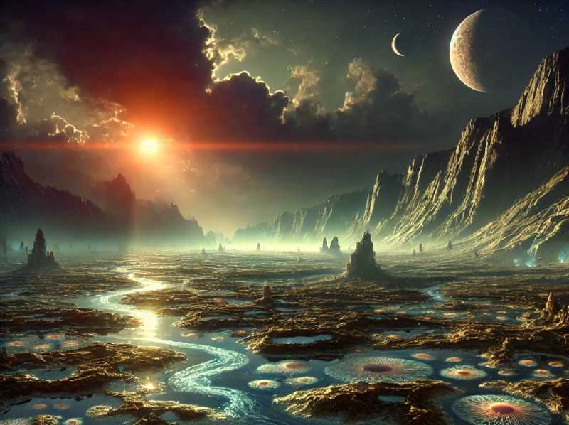 Representação artística da Terra primitiva sendo “semeada” com material biológico, evocando cenários de panspermia e o início da evolução darwiniana.