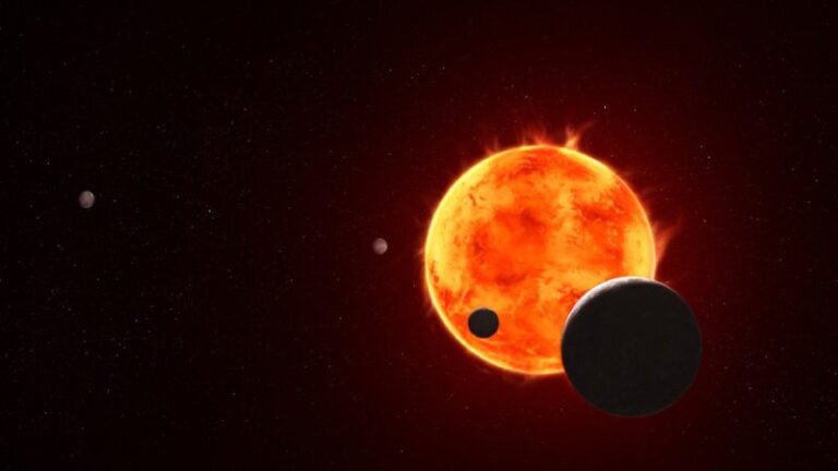 Interpretação artística que mostra o exoplaneta TRAPPIST-1 e, do tamanho da Terra e representado na parte inferior direita, em contraluz enquanto passa à frente da sua estrela hospedeira em erupção.