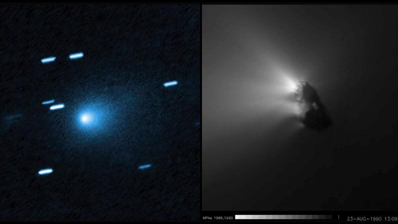 Esquerda: O cometa 3I/ATLAS observado pouco depois de sua descoberta. Direita: O corpo sólido do cometa Halley, visto de perto pela sonda espacial Giotto da ESA.