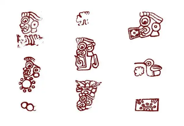 Exemplos de logogramas que compõem a língua escrita de Teotihuacan. (Hansen/Helmke/Current Anthropology)