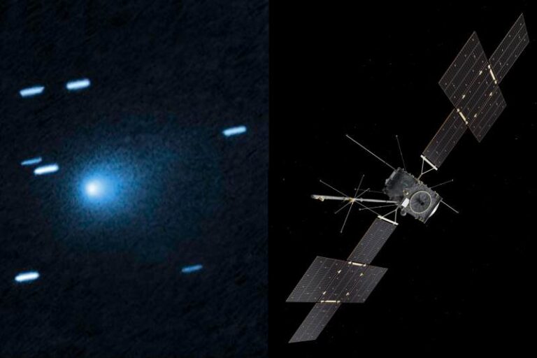 A esquerda o cometa interestelar 3I ATLAS e a direita a sonda juice da esa