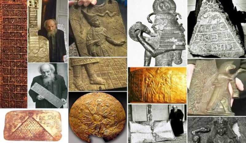 Imagem composta mostrando o Padre Crespi e vários de seus artefatos enigmáticos e intrigantes.