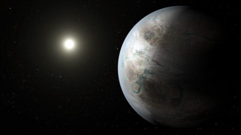 Um conceito artístico que retrata uma das possíveis aparências do planeta Kepler-452b, o primeiro mundo de tamanho próximo ao da Terra encontrado na zona habitável de uma estrela semelhante ao nosso Sol.