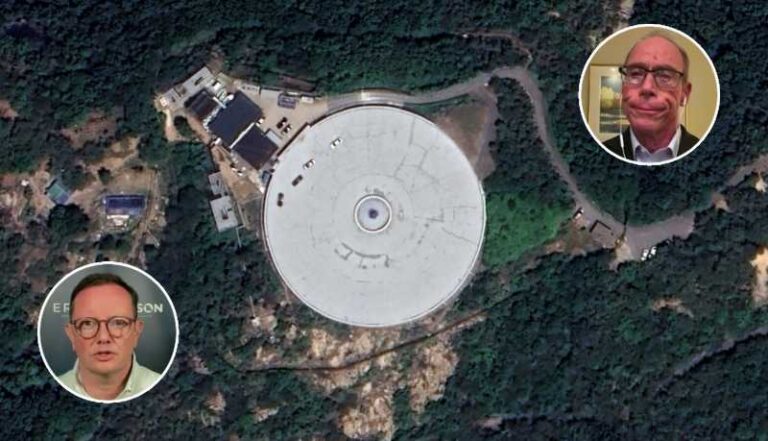 Suposta estrutura na Coreia do Sul (37°24'49.5''N, 126°55'40.0''E) que, de acordo com alguns internautas, poderia corresponder ao OVNI oculto por um edifício. Nos círculos, o congressista Burlison e o Dr. Greer.