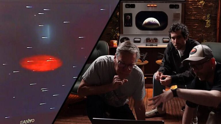 Bob Lazar, Jesse Michels e Luigi Vendittelli assistindo ao vídeo.