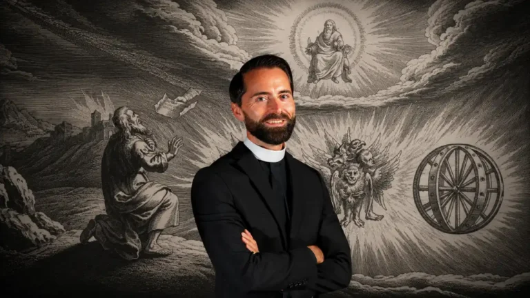 No centro o padre Taylor e aí fundo a visão de Ezequiel. "Enquanto eu observava os seres viventes, vi uma roda sobre a terra ao lado de cada um dos quatro seres viventes. A aparência das rodas e sua estrutura era semelhante ao brilho do crisólito. As quatro tinham a mesma forma; sua aparência e sua estrutura eram como uma roda dentro de outra roda. (...) Quando os seres viventes se moviam, as rodas moviam-se ao lado deles; e, quando os seres viventes se elevavam da terra, as rodas também se elevavam." Ezequiel 1:15–16,19.