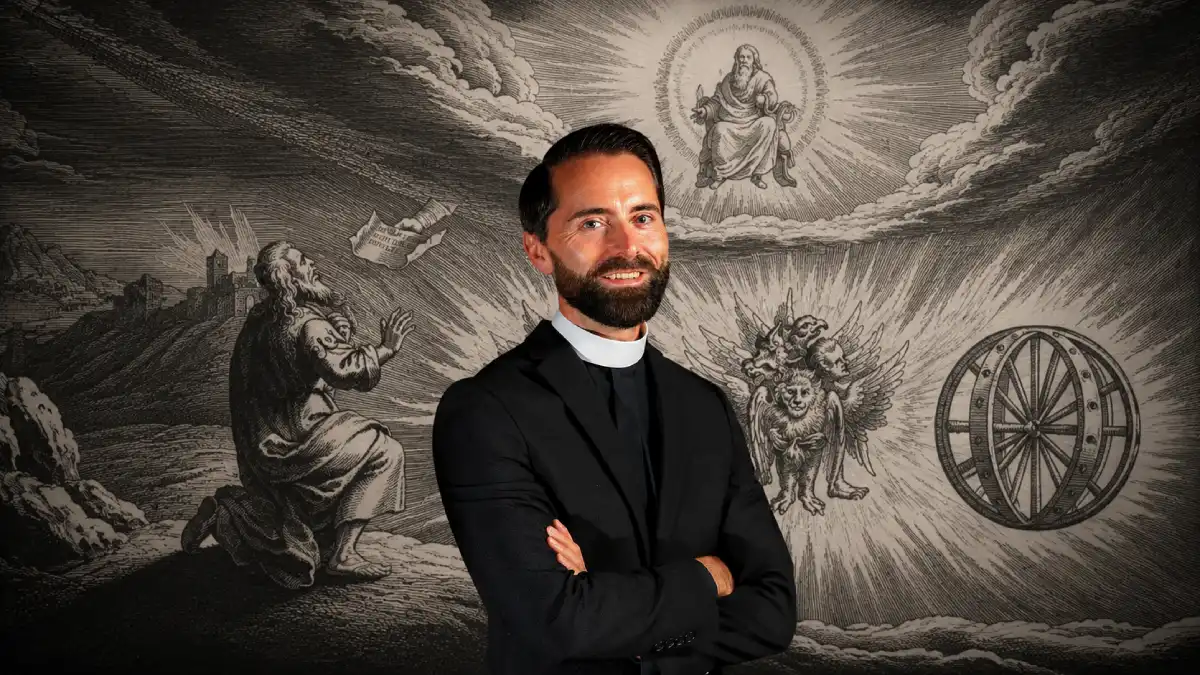 No centro o padre Taylor e aí fundo a visão de Ezequiel. "Enquanto eu observava os seres viventes, vi uma roda sobre a terra ao lado de cada um dos quatro seres viventes. A aparência das rodas e sua estrutura era semelhante ao brilho do crisólito. As quatro tinham a mesma forma; sua aparência e sua estrutura eram como uma roda dentro de outra roda. (...) Quando os seres viventes se moviam, as rodas moviam-se ao lado deles; e, quando os seres viventes se elevavam da terra, as rodas também se elevavam." Ezequiel 1:15–16,19.